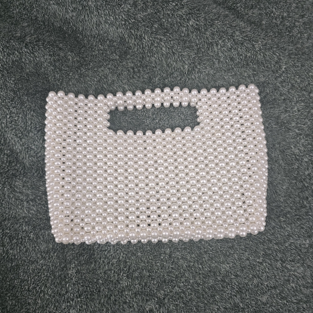 Handmade White Faux Pearl Beaded Clutch | Box Bag w/ Handle